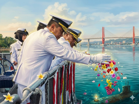 Ilustrasi upacara tabur bunga TNI AL di atas kapal. Foto: Gemini AI