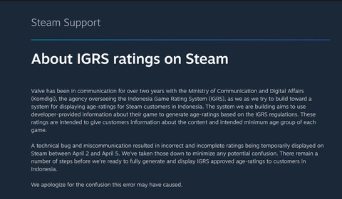 Permintaan maaf Valve atas kejanggalan IGRS.  Foto: Dok. Istimewa