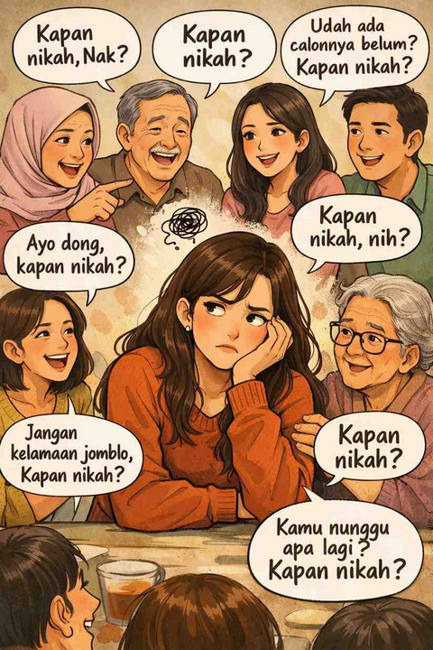 ilustrasi perempuan ditanya kapan nikah. Foto: Dok. ChatGPT