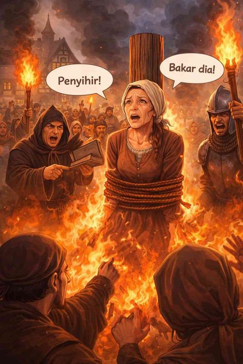 ilustrasi penumpasan perempuan yang dituduh penyihir. Foto: Dok. ChatGPT