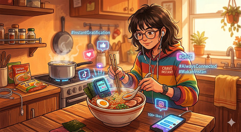 Ilustrasi budaya serba instan Gen Z: dari makanan hingga keputusan hidup, semuanya tersedia dalam hitungan detik (Sumber: Gemini AI)