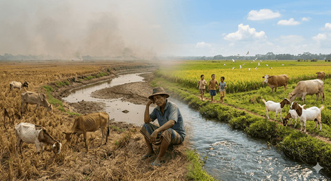 Ilustrasi lahan pertanian yang sakit dan yang sehat. Bioekonomi diperlukan. (Sumber: Gemini)