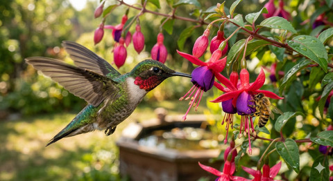foto ilustrasi burung kolibri dan lebah yang sedang menghisap nektar bunga, Sumbar: Gemini AI