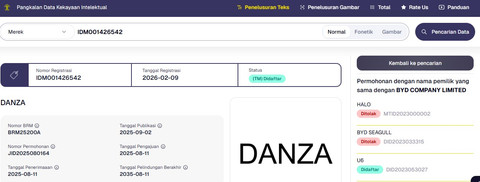 Nama merek Denza pada laman resmi Pangkalan Data Kekayaan Intelektual (PDKI) Kemenkumham RI. Foto: PDKI Kemenkumham RI