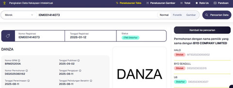 Nama merek Denza pada laman resmi Pangkalan Data Kekayaan Intelektual (PDKI) Kemenkumham RI. Foto: PDKI Kemenkumham RI