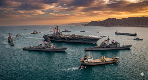 Ilustrasi blokade laut Amerika Serikat di perairan yang menghubungkan Oman dan Pakistan. Sumber gambar: gambar dibuat menggunakan AI. 