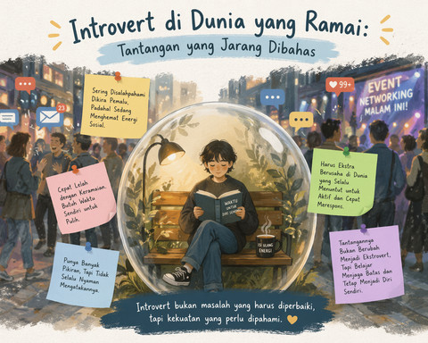 Ilustrasi yang Menunjukan Kehidupan yang Ramai dengan Dunia Introvert yang Tenang