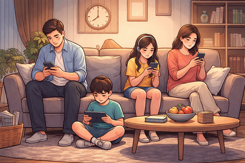 Ilustrasi keluarga yang duduk bersama, namun masing-masing sibuk dengan gadget, menggambarkan renggangnya hubungan di tengah kesibukan dan teknologi. Ilustrasi ini dihasilah oleh Gemini AI.