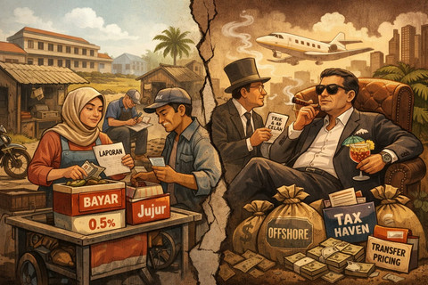 Ilustrasi kepatuhan pajak di Indonesia antara pelaku UMKM dan perusahaan besar. (Sumber: Ilustrasi pribadi)