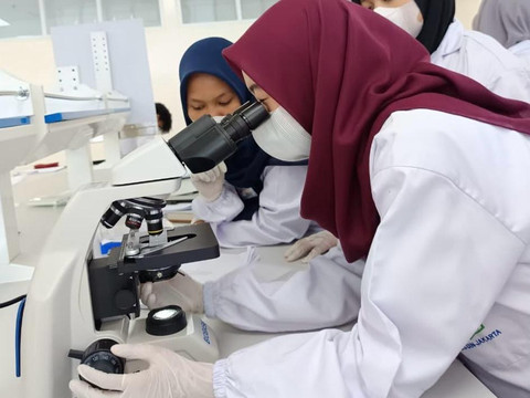 Gambar 1. Aktivitas tenaga kesehatan saat melakukan pengamatan menggunakan mikroskop. Sumber: Dokumentasi Pribadi