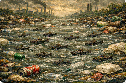 Ilustrasi ikan sapu-sapu di perairan sungai tercemar. Foto: Copilot AI