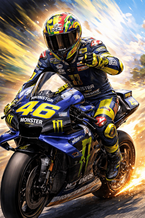 Sumber gambar:Ilustrasi digital yang terinspirasi dari sosok pembalap MotoGP Valentino Rossi. Gambar dibuat menggunakan teknologi kecerdasan buatan (AI) oleh OpenAI, 2026.