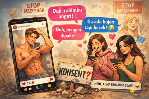 Ilustrasi fenomena komentar bernuansa seksual di media sosial yang kerap dibungkus sebagai candaan, memperlihatkan bagaimana batas antara ekspresi, humor, dan objektifikasi semakin kabur di ruang digital. Foto: Generated by AI