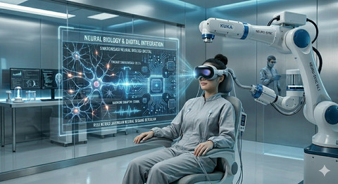 Ilustrasi integrasi saraf sebagai tahap akhir hibridisasi manusia masa depan (Sumber : Gemini AI)