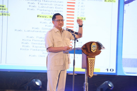 Mendagri Tito Karnavian memberi sambutan pada acara Musrenbang RKPD Provinsi Sumut Tahun 2027 di Hotel Santika Dyandra Medan, Sumut, Rabu (22/4/2026). Foto: Kemendagri RI