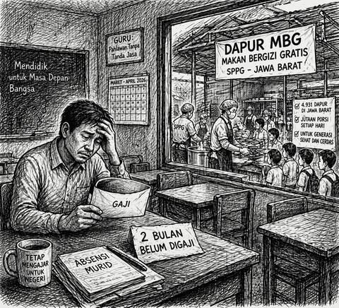 Ilustrasi guru menunggu, tapi dapur tetap berjalan. Foto: Generated by AI