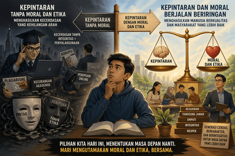 Ilustrasi ini menggambarkan dua arah kehidupan: di satu sisi, kepintaran tanpa moral melahirkan kecurangan, penipuan, dan kehilangan arah; di sisi lain, kepintaran yang disertai nilai moral dan etika menghasilkan pribadi berintegritas dan masyarakat yang lebih baik. Pilihan tersebut menentukan masa depan. Foto: Generated by AI