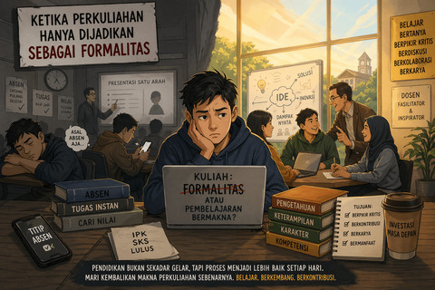 Ilustrasi ini menunjukkan dua sisi perkuliahan: di kiri hanya formalitas (absen, nilai, pasif), di kanan pembelajaran bermakna (diskusi, berpikir kritis, berkembang). Mahasiswa di tengah melambangkan pilihan antara sekadar menjalani atau benar-benar belajar.