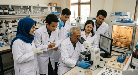 Ilustrasi seorang guru besar sedang membimbing praktikum di laboratorium. (Sumber: Gemini)