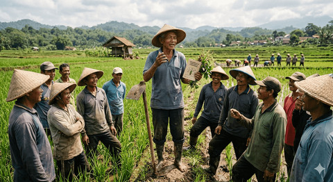 Ilustrasi seorang guru besar sedang memberikan penyuluhan kepada petani tentang pengelolaan budi daya pertanian. (Sumber: Gemini).