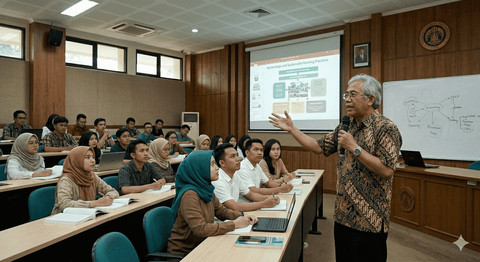 Ilustrasi seorang guru besar sedang mengajar di ruang kelas. (Sumber: Gemini)