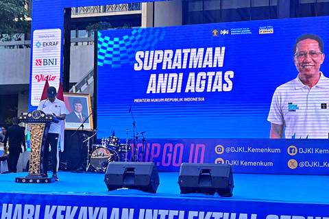 Menteri Hukum Supratman Andi Agtas dalam acara Peringatan Hari Kekayaan Intelektual Sedunia di kawasan Sarinah, Jakarta Pusat, Minggu (26/4/2026). Foto: Nasywa Athifah/kumparan