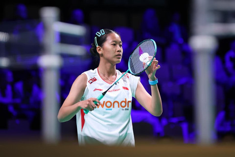 Tunggal putri Indonesia Putri Kusuma Wardani pada pertandingan Piala Uber 2026 di Horsens, Denmark. Foto: PBSI