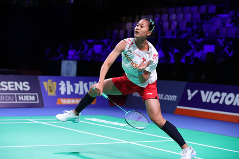 Tunggal putri Indonesia Putri Kusuma Wardani pada pertandingan Piala Uber 2026 di Horsens, Denmark. Foto: PBSI