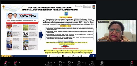 Wamendagri Ribka Haluk dalam Musrenbang Rencana Kerja Pemerintah Daerah (RKPD) Provinsi Papua Pegunungan Tahun 2027 dari Jakarta, Senin (27/4/2026). Foto: Kemendagri RI