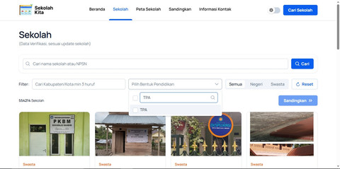 Memasukkan bentuk pendidikan di filter pencarian portal Sekolah Kita. Foto: Dok. Pribadi