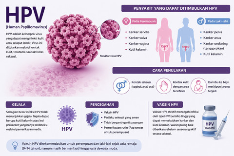 Gambar 1. Ilustrasi artificial intelligence (AI) Infografis Human Papillomavirus (HPV), penularan, dampak, dan pencegahannya melalui vaksinasi.