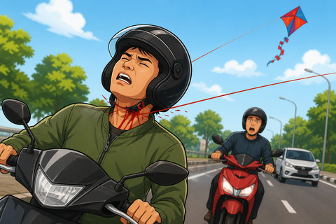 Ilustrasi potensi cidera di jalan raya karena benang layangan (Foto: Dokumentasi Pribadi)