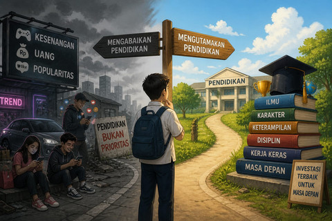 Di tingkat individu, banyak pelajar yang kehilangan motivasi belajar karena lebih tergoda oleh dunia instan&mdash;media sosial, hiburan digital, atau keinginan cepat menghasilkan uang.Sumber foto:AI