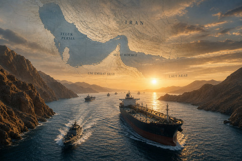 Selat Hormuz menjadi jalur penting bagi negara-negara teluk, seperti Kuwait, Arab Saudi, Bahrain, Qatar, Uni Emirat Arab, dan Iran. Gambar dibuat oleh AI.
