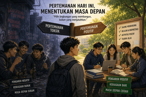 Ilustrasi menunjukkan dua jenis pertemanan: sisi kiri pertemanan toksik yang memicu kebiasaan buruk, dan sisi kanan pertemanan positif yang mendorong perkembangan diri dan masa depan cerah. Sumber: AI Pictures
