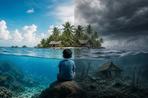 Perubahan iklim menjadi ancaman bagi negara-negara di Kepulauan Pasifik. Wilayah negara mereka bisa hilang karena kenaikan permukaan air laut. Foto: Generated by AI