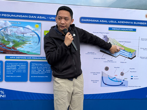 Ahli Hidrogeologi AQUA, Arif Fadillah saat menjelaskan asal-usul sumber air AQUA di Bukit Emmon, Myrian, Boyolali, Jawa Tengah pada Selasa (5/5/2026). Foto: Gitario Vista Inasis/kumparan