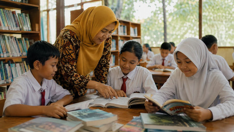 Pustakawan bukan sekadar penjaga buku. Ia adalah pendamping literasi yang membantu siswa menemukan bacaan, memahami informasi, dan menumbuhkan budaya belajar di sekolah. Foto: Generated by AI