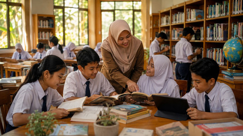 Perpustakaan sekolah bukan fasilitas tambahan. Ia adalah bagian inti dari proses belajar, tempat siswa membaca, membandingkan informasi, dan membangun pemahaman dengan bimbingan pustakawan yang profesional dalam pendidikan literasi. Foto: Generated by AI