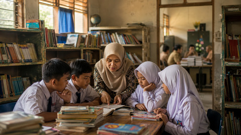 Ketika kebijakan belum memberi tempat yang kuat bagi pustakawan, perpustakaan sekolah tetap berjuang menjadi ruang belajar. Namun tanpa pengakuan yang jelas, fungsi literasi akan selalu berjalan dengan daya yang terbatas. Foto: Generated by AI