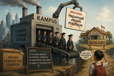 Ilustrasi menggambarkan kampus sebagai &ldquo;pabrik&rdquo; yang memproduksi lulusan di tengah wacana penghapusan prodi pendidikan, sementara di sisi lain sekolah masih kekurangan guru&mdash;menyoroti ketimpangan antara jumlah lulusan dan distribusi tenaga pendidik. Foto: Generated by AI