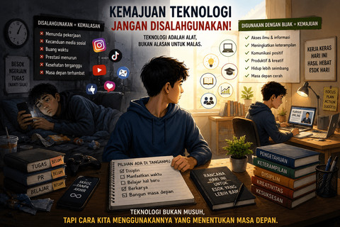 Ilustrasi ini menggambarkan teknologi yang dapat membawa kemalasan atau kesuksesan, tergantung cara manusia menggunakannya. Sumber AI Pictures