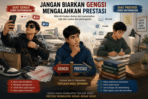 Ilustrasi ini menggambarkan perbandingan antara kehidupan yang mengejar gengsi dan pencitraan dengan kehidupan yang fokus pada prestasi, kerja keras, dan pengembangan diri demi masa depan yang lebih baik. Foto: Generated by AI