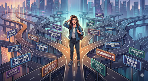 Ilustrasi manusia di era AI agent menghadapi dizziness of freedom — terlalu banyak pilihan untuk dikerjakan (Sumber: Gemini AI)