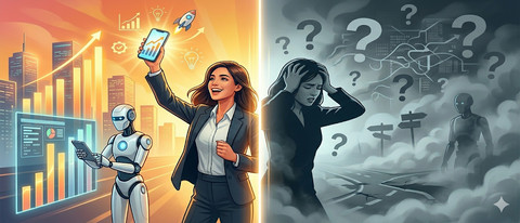 Ilustrasi manusia di era AI agent merasakan dua sisi sekaligus — euforia startup dan kecemasan tanpa cetak biru (Sumber: Gemini AI)