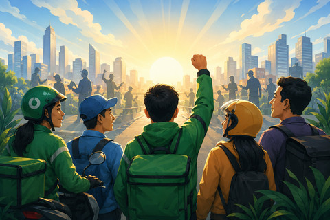 Ilustrasi pekerja transportasi online menyambut pengakuan negara terhadap pekerja platform sebagai bagian dari langkah menuju ekonomi digital yang lebih adil dan manusiawi. Gambar dibuat menggunakan kecerdasan buatan OpenAI.