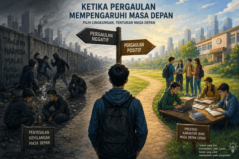 Ilustrasi seorang remaja di persimpangan antara pergaulan buruk yang menghancurkan masa depan dan pergaulan positif yang membawa kesuksesan. Foto: Generated by AI