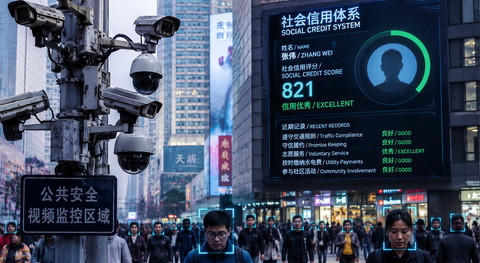 Ilustrasi kamera pengawas dengan teknologi pengenal wajah memantau aktivitas warga di ruang publik China. Layar digital menampilkan skor kredit sosial seseorang berdasarkan data perilaku dan kepatuhan terhadap aturan. Foto: Getty Images