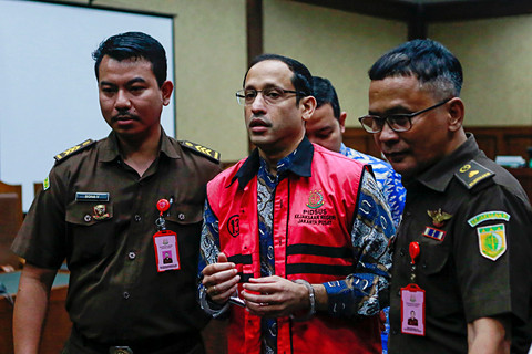 Terdakwa kasus dugaan korupsi pengadaan Chromebook dalam program digitalisasi pendidikan di Kemendikbudristek Nadiem Makarim (tengah) berjalan keluar ruangan usai menjalani sidang lanjutan di Pengadilan Tipikor, Jakarta, Senin (11/5/2026). Foto: Asprilla Dwi Adha/ANTARA FOTO