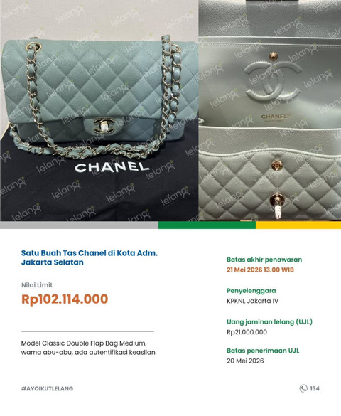 Satu buah tas Chanel yang dilelang DJKN. Foto: Instagram/@ditjenkn.